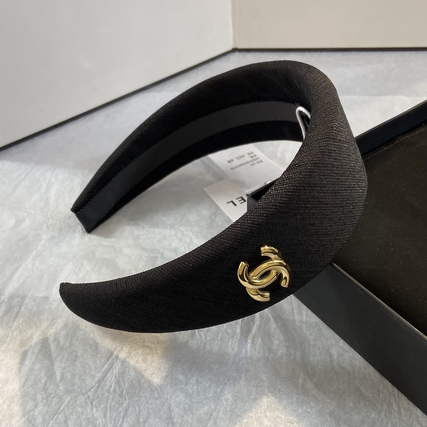 Chanel Black Satin Headband with Gold Logo